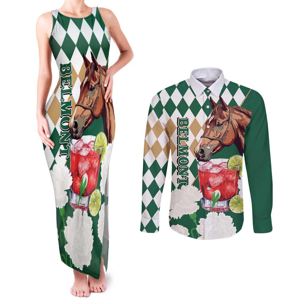 Personalized Belmont Horse Racing Couples Matching Tank Maxi Dress and Long Sleeve Button Shirt Jewel Cocktail With White Carnations