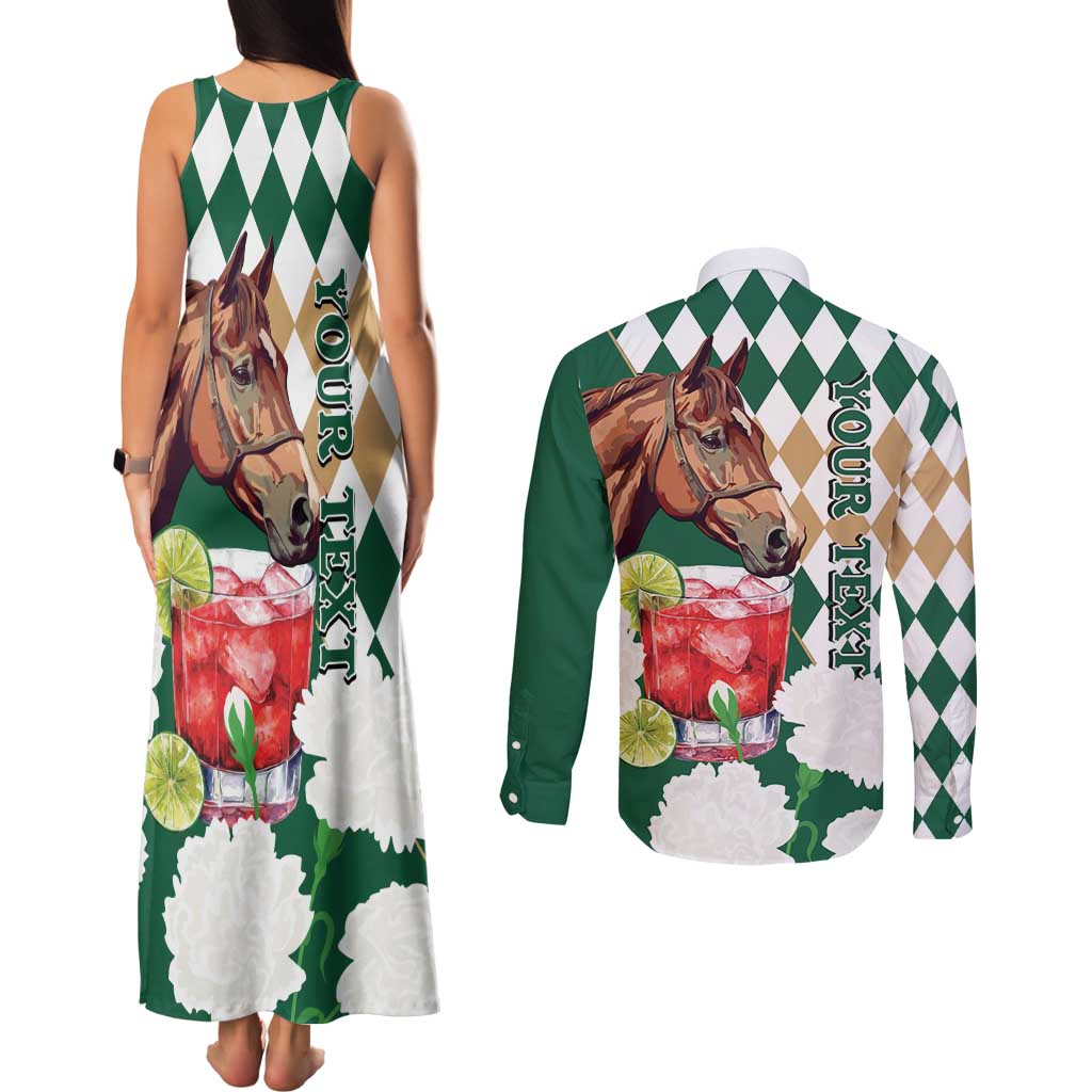 Personalized Belmont Horse Racing Couples Matching Tank Maxi Dress and Long Sleeve Button Shirt Jewel Cocktail With White Carnations
