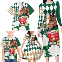 Personalized Belmont Horse Racing Family Matching Long Sleeve Bodycon Dress and Hawaiian Shirt Jewel Cocktail With White Carnations