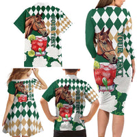 Personalized Belmont Horse Racing Family Matching Long Sleeve Bodycon Dress and Hawaiian Shirt Jewel Cocktail With White Carnations