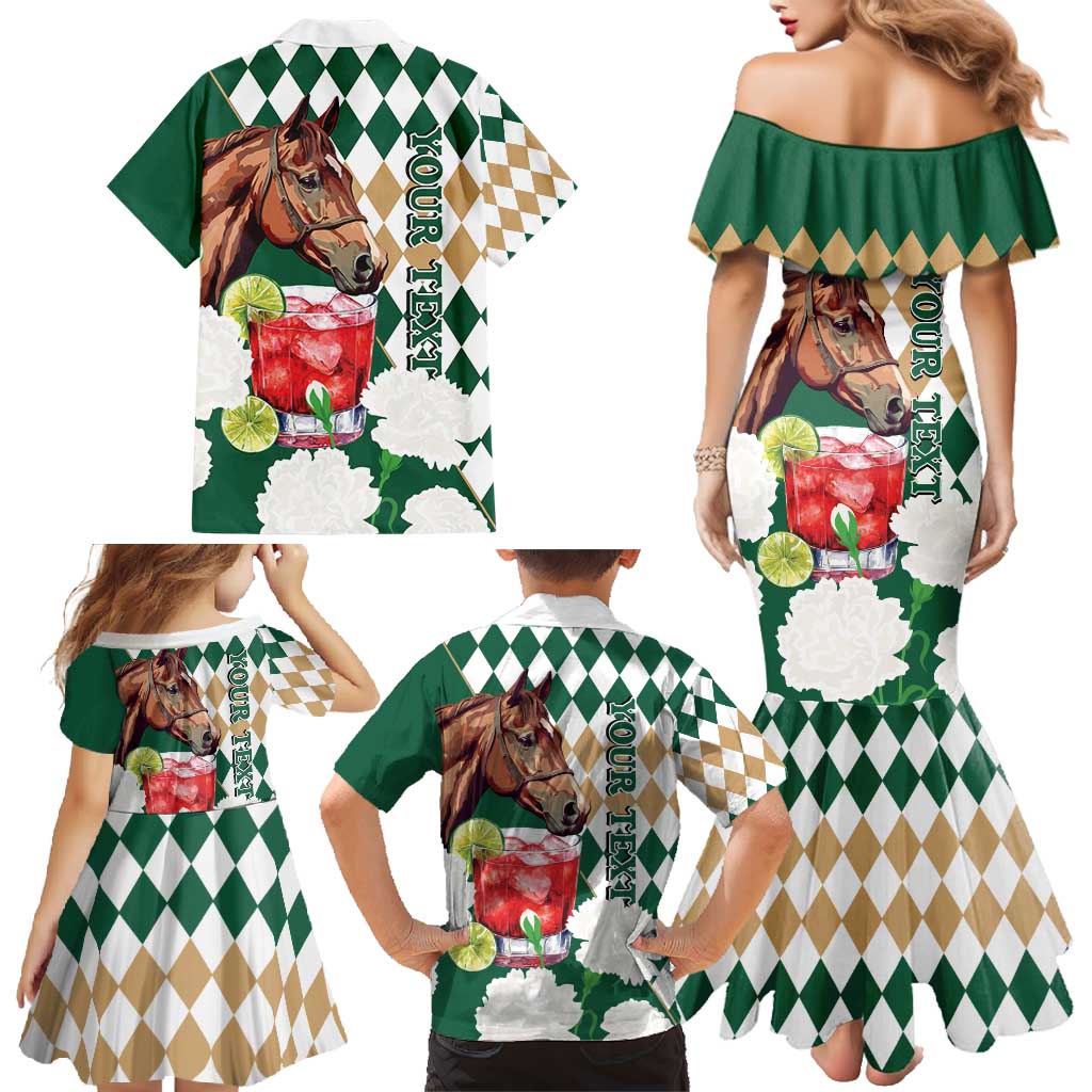 Personalized Belmont Horse Racing Family Matching Mermaid Dress and Hawaiian Shirt Jewel Cocktail With White Carnations