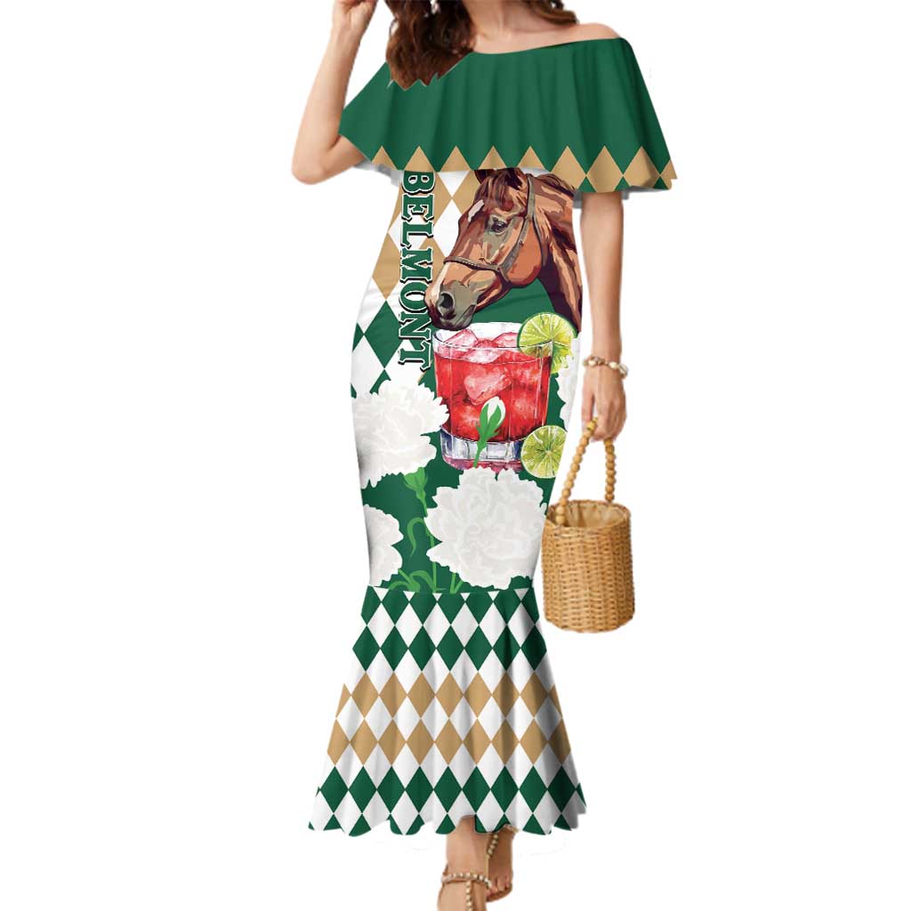 Personalized Belmont Horse Racing Family Matching Mermaid Dress and Hawaiian Shirt Jewel Cocktail With White Carnations