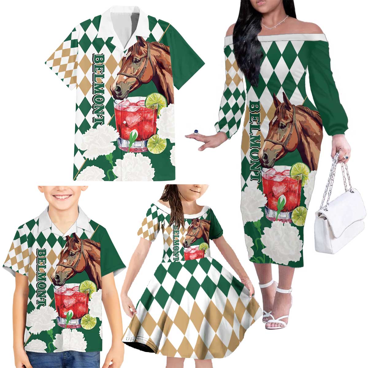 Personalized Belmont Horse Racing Family Matching Off The Shoulder Long Sleeve Dress and Hawaiian Shirt Jewel Cocktail With White Carnations