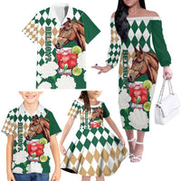 Personalized Belmont Horse Racing Family Matching Off The Shoulder Long Sleeve Dress and Hawaiian Shirt Jewel Cocktail With White Carnations