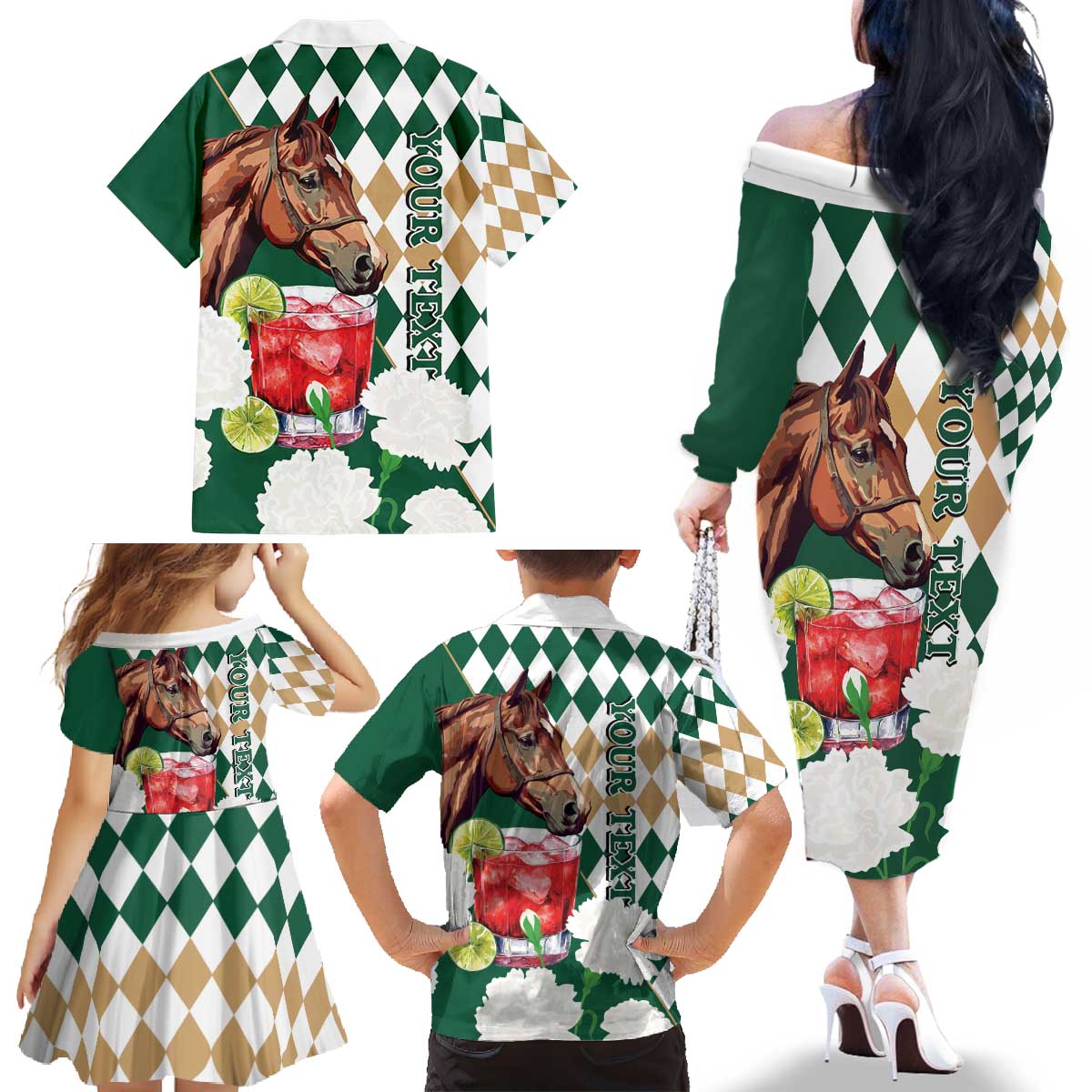 Personalized Belmont Horse Racing Family Matching Off The Shoulder Long Sleeve Dress and Hawaiian Shirt Jewel Cocktail With White Carnations