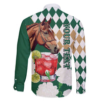 Personalized Belmont Horse Racing Family Matching Off The Shoulder Long Sleeve Dress and Hawaiian Shirt Jewel Cocktail With White Carnations