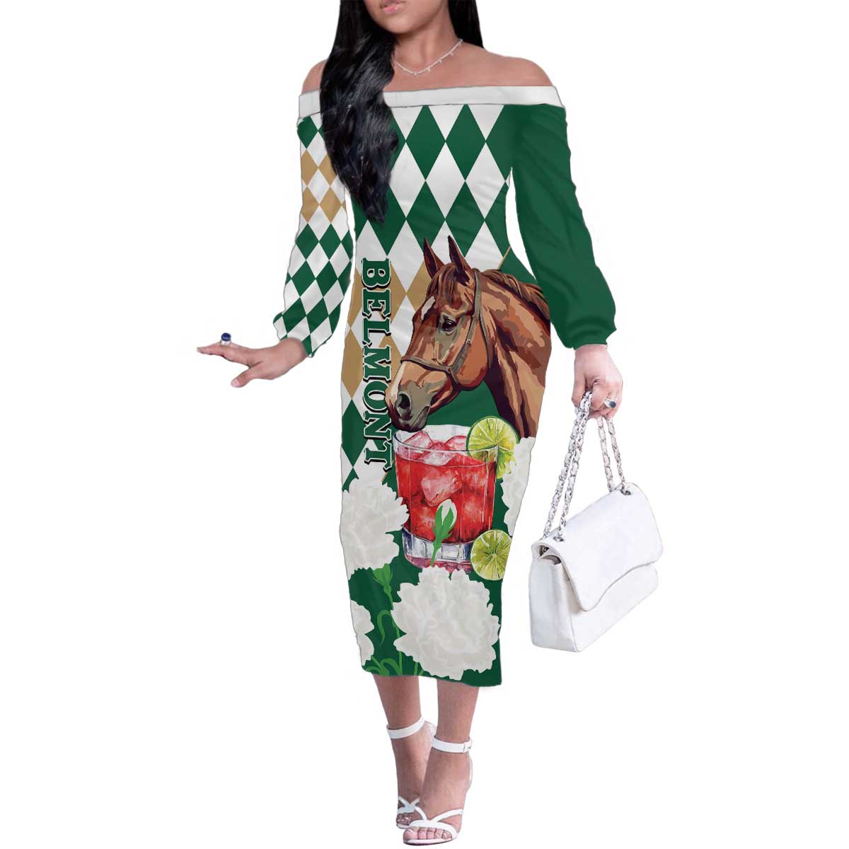 Personalized Belmont Horse Racing Family Matching Off The Shoulder Long Sleeve Dress and Hawaiian Shirt Jewel Cocktail With White Carnations