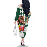 Personalized Belmont Horse Racing Family Matching Off The Shoulder Long Sleeve Dress and Hawaiian Shirt Jewel Cocktail With White Carnations