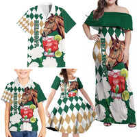 Personalized Belmont Horse Racing Family Matching Off Shoulder Maxi Dress and Hawaiian Shirt Jewel Cocktail With White Carnations