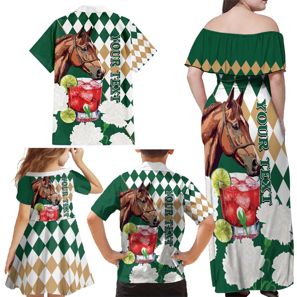Personalized Belmont Horse Racing Family Matching Off Shoulder Maxi Dress and Hawaiian Shirt Jewel Cocktail With White Carnations