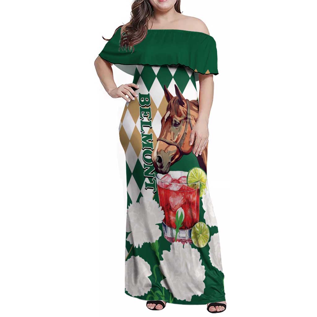 Personalized Belmont Horse Racing Family Matching Off Shoulder Maxi Dress and Hawaiian Shirt Jewel Cocktail With White Carnations
