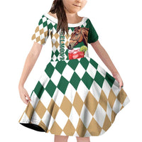 Personalized Belmont Horse Racing Family Matching Off Shoulder Short Dress and Hawaiian Shirt Jewel Cocktail With White Carnations