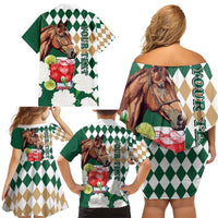 Personalized Belmont Horse Racing Family Matching Off Shoulder Short Dress and Hawaiian Shirt Jewel Cocktail With White Carnations
