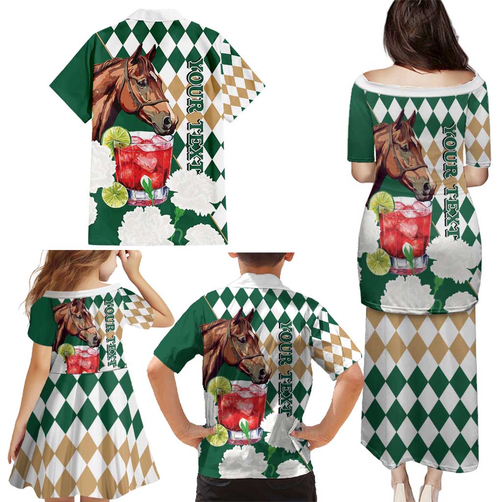 Personalized Belmont Horse Racing Family Matching Puletasi and Hawaiian Shirt Jewel Cocktail With White Carnations