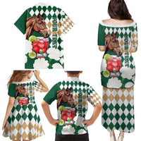 Personalized Belmont Horse Racing Family Matching Puletasi and Hawaiian Shirt Jewel Cocktail With White Carnations