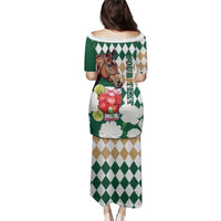 Personalized Belmont Horse Racing Family Matching Puletasi and Hawaiian Shirt Jewel Cocktail With White Carnations