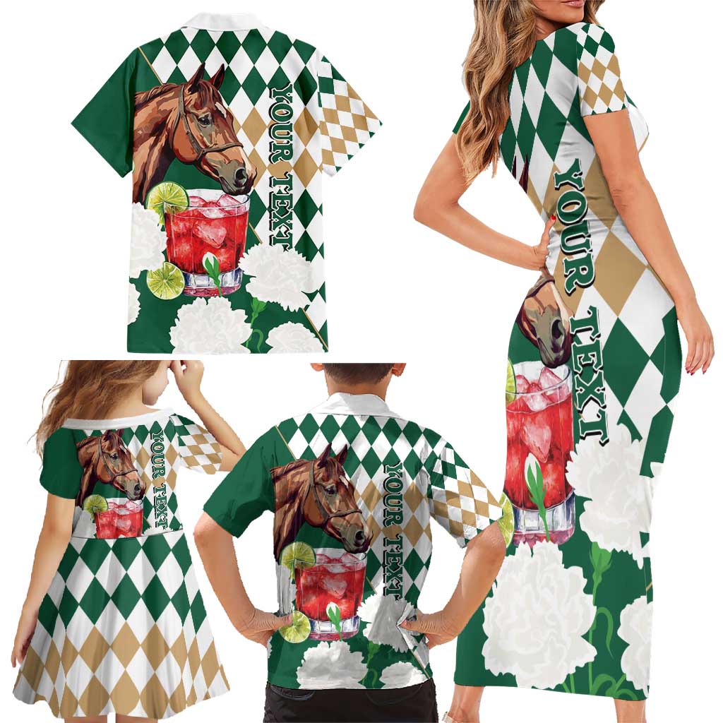 Personalized Belmont Horse Racing Family Matching Short Sleeve Bodycon Dress and Hawaiian Shirt Jewel Cocktail With White Carnations