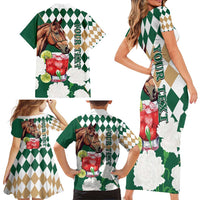 Personalized Belmont Horse Racing Family Matching Short Sleeve Bodycon Dress and Hawaiian Shirt Jewel Cocktail With White Carnations