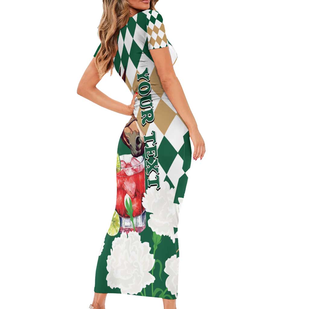 Personalized Belmont Horse Racing Family Matching Short Sleeve Bodycon Dress and Hawaiian Shirt Jewel Cocktail With White Carnations