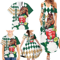 Personalized Belmont Horse Racing Family Matching Summer Maxi Dress and Hawaiian Shirt Jewel Cocktail With White Carnations