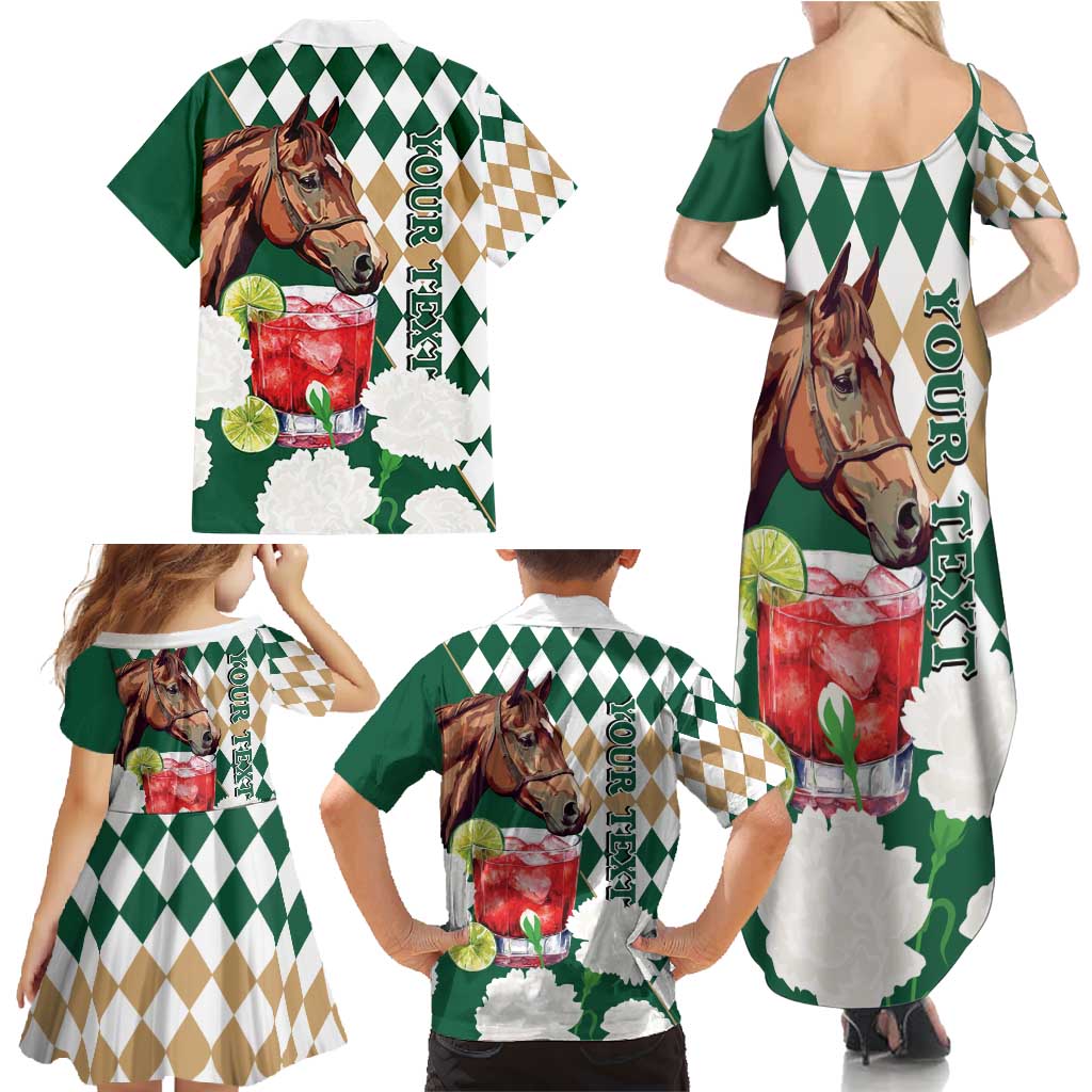 Personalized Belmont Horse Racing Family Matching Summer Maxi Dress and Hawaiian Shirt Jewel Cocktail With White Carnations