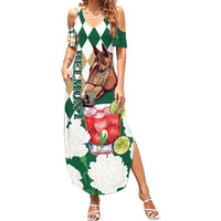 Personalized Belmont Horse Racing Family Matching Summer Maxi Dress and Hawaiian Shirt Jewel Cocktail With White Carnations