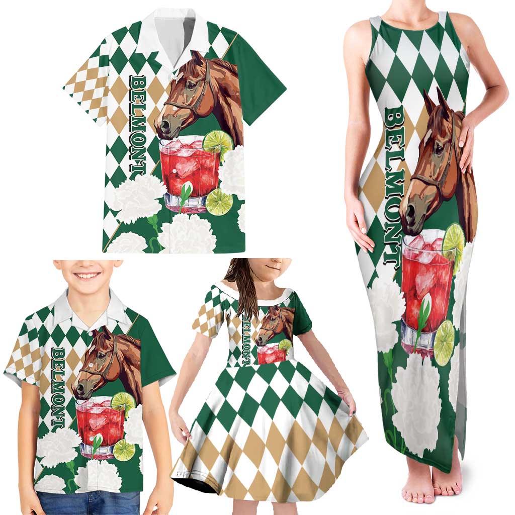 Personalized Belmont Horse Racing Family Matching Tank Maxi Dress and Hawaiian Shirt Jewel Cocktail With White Carnations