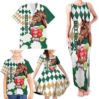 Personalized Belmont Horse Racing Family Matching Tank Maxi Dress and Hawaiian Shirt Jewel Cocktail With White Carnations