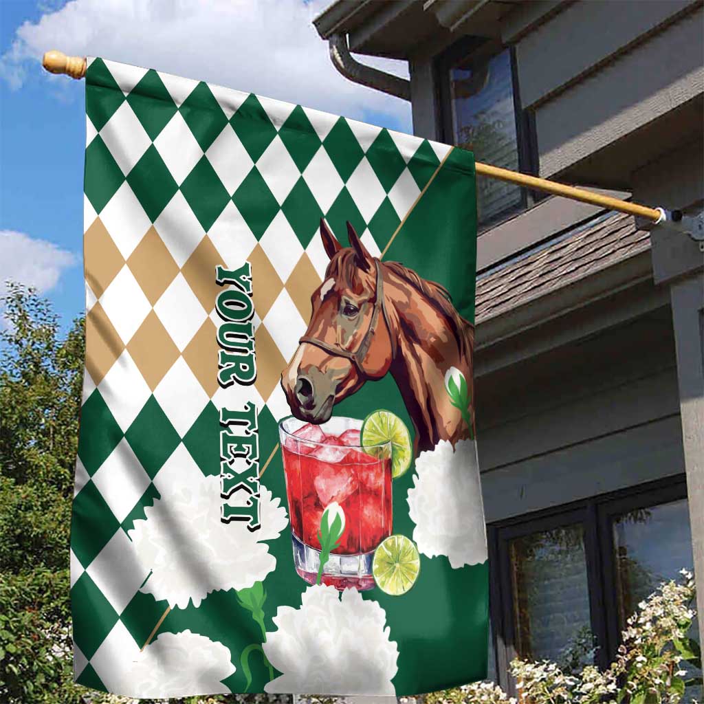 Personalized Belmont Horse Racing Garden Flag Jewel Cocktail With White Carnations