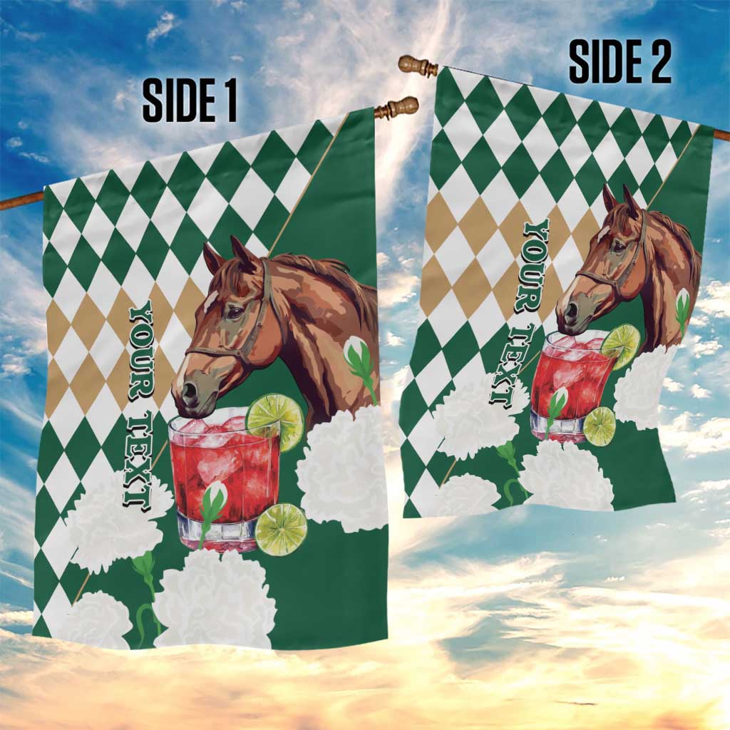 Personalized Belmont Horse Racing Garden Flag Jewel Cocktail With White Carnations