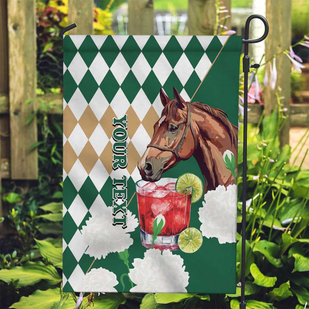 Personalized Belmont Horse Racing Garden Flag Jewel Cocktail With White Carnations