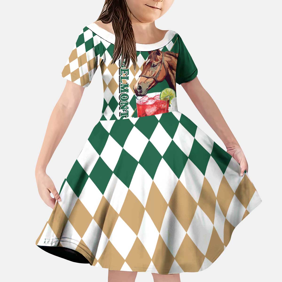 Personalized Belmont Horse Racing Kid Short Sleeve Dress Jewel Cocktail With White Carnations