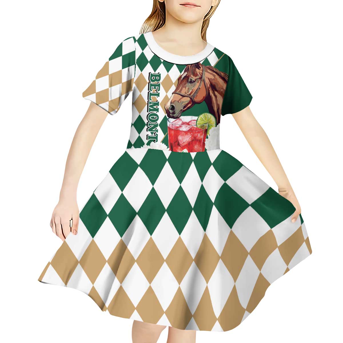Personalized Belmont Horse Racing Kid Short Sleeve Dress Jewel Cocktail With White Carnations