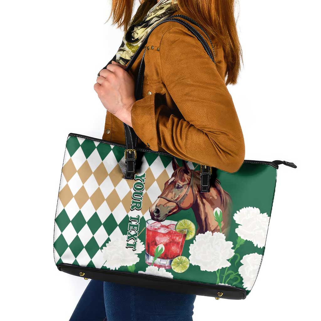 Personalized Belmont Horse Racing Leather Tote Bag Jewel Cocktail With White Carnations