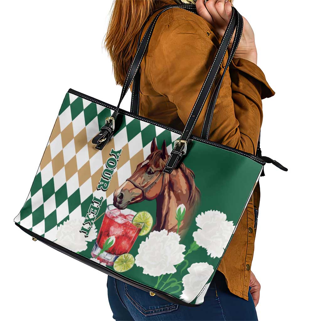 Personalized Belmont Horse Racing Leather Tote Bag Jewel Cocktail With White Carnations