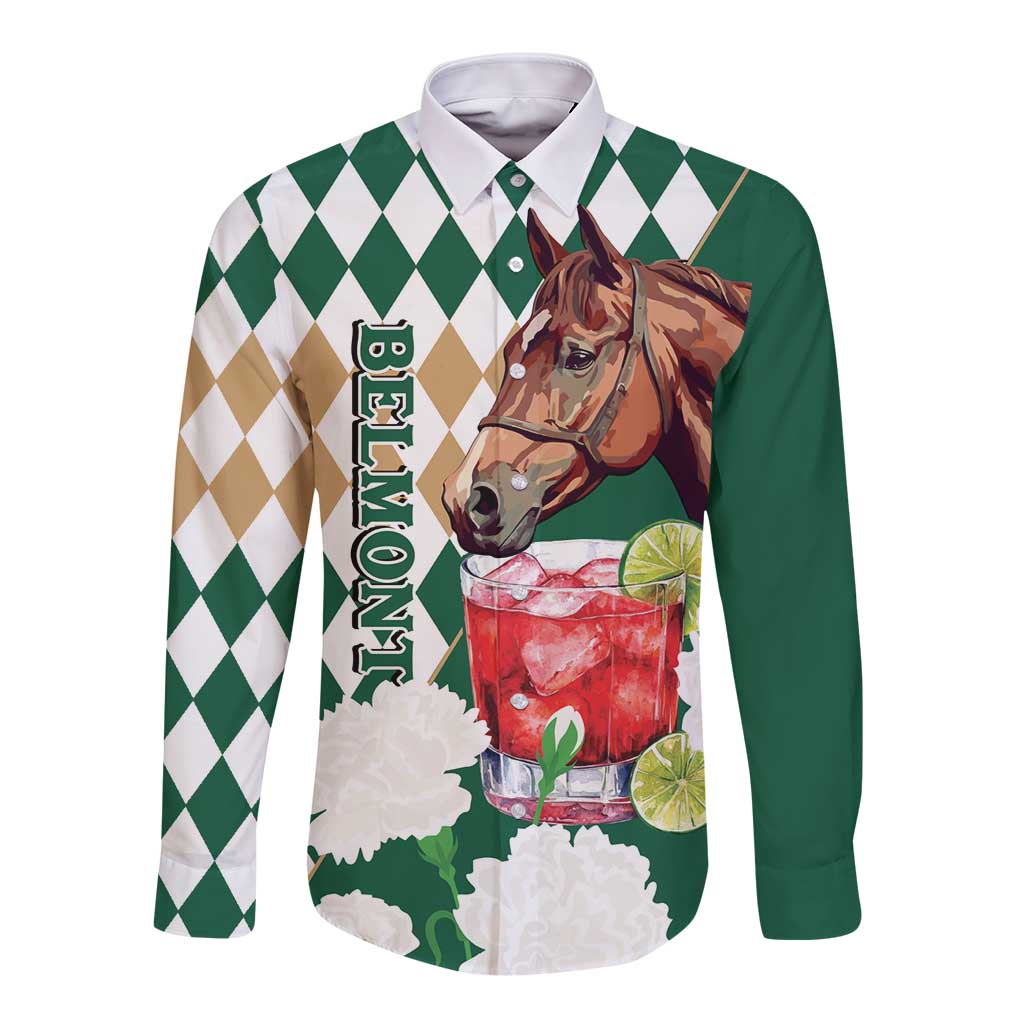 Personalized Belmont Horse Racing Long Sleeve Button Shirt Jewel Cocktail With White Carnations