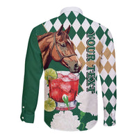 Personalized Belmont Horse Racing Long Sleeve Button Shirt Jewel Cocktail With White Carnations