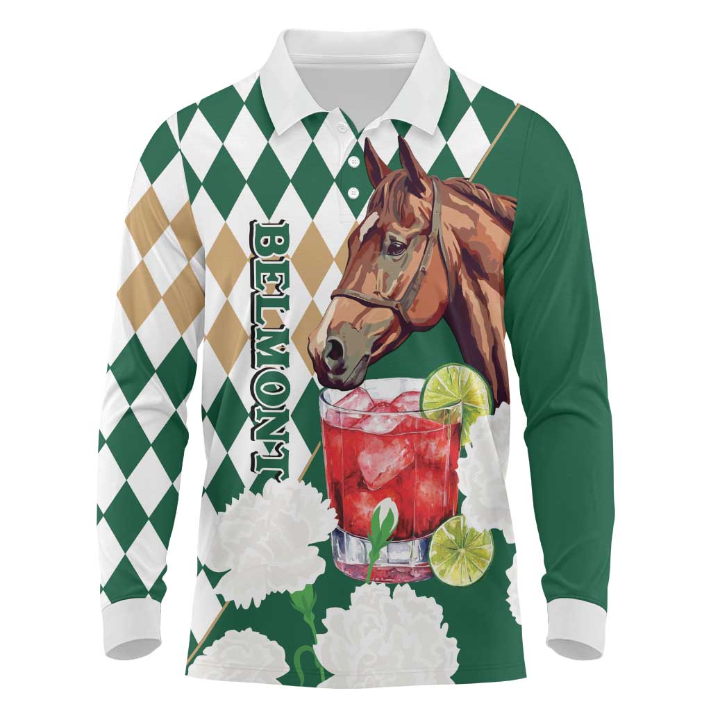 Personalized Belmont Horse Racing Long Sleeve Polo Shirt Jewel Cocktail With White Carnations