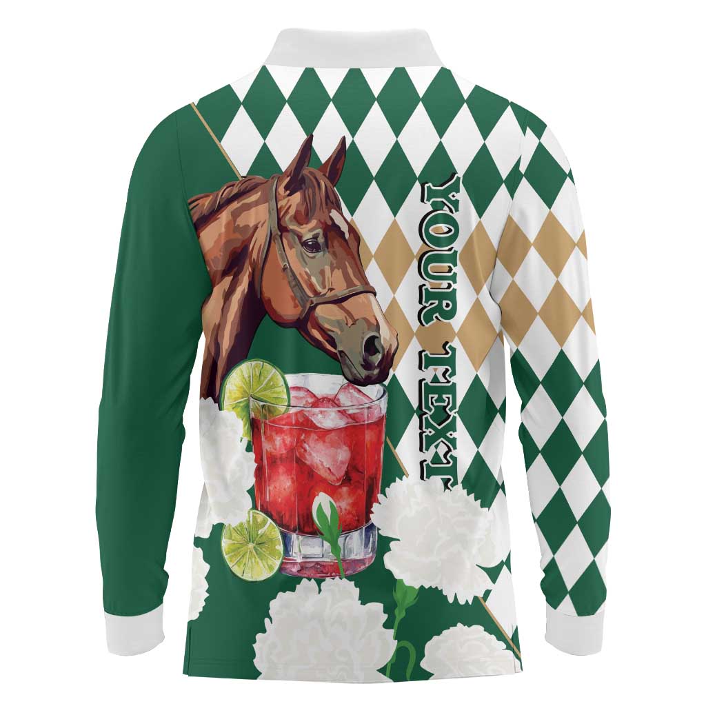 Personalized Belmont Horse Racing Long Sleeve Polo Shirt Jewel Cocktail With White Carnations