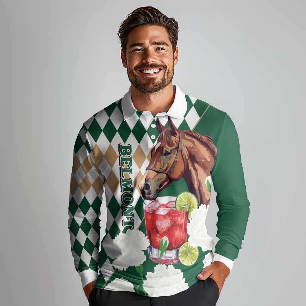 Personalized Belmont Horse Racing Long Sleeve Polo Shirt Jewel Cocktail With White Carnations