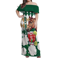 Personalized Belmont Horse Racing Off Shoulder Maxi Dress Jewel Cocktail With White Carnations
