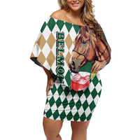 Personalized Belmont Horse Racing Off Shoulder Short Dress Jewel Cocktail With White Carnations