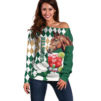 Personalized Belmont Horse Racing Off Shoulder Sweater Jewel Cocktail With White Carnations