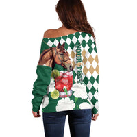 Personalized Belmont Horse Racing Off Shoulder Sweater Jewel Cocktail With White Carnations