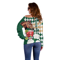 Personalized Belmont Horse Racing Off Shoulder Sweater Jewel Cocktail With White Carnations