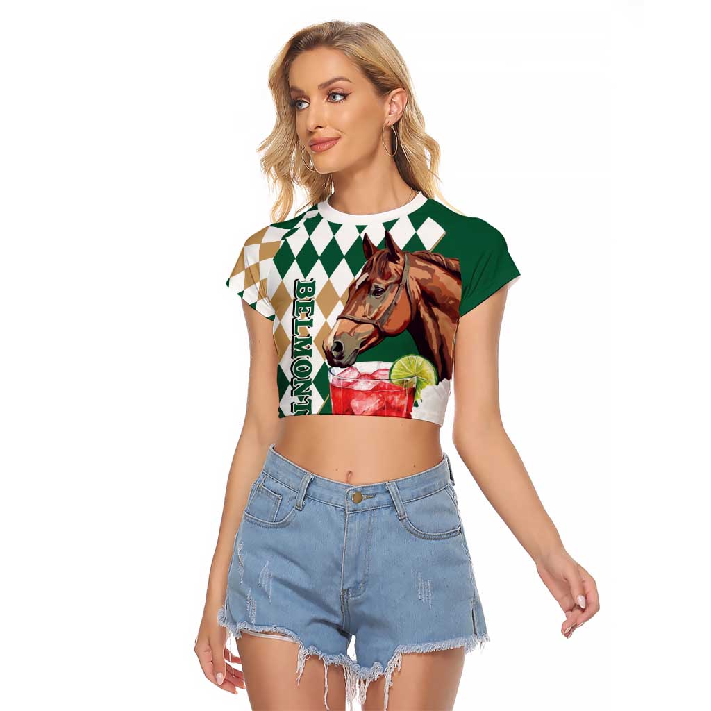 Personalized Belmont Horse Racing Raglan Cropped T Shirt Jewel Cocktail With White Carnations