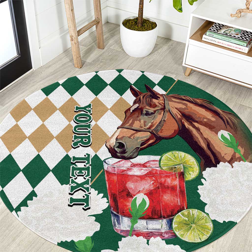 Personalized Belmont Horse Racing Round Carpet Jewel Cocktail With White Carnations