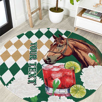 Personalized Belmont Horse Racing Round Carpet Jewel Cocktail With White Carnations