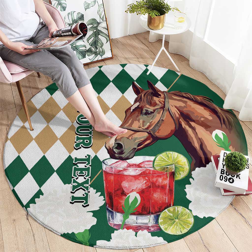 Personalized Belmont Horse Racing Round Carpet Jewel Cocktail With White Carnations