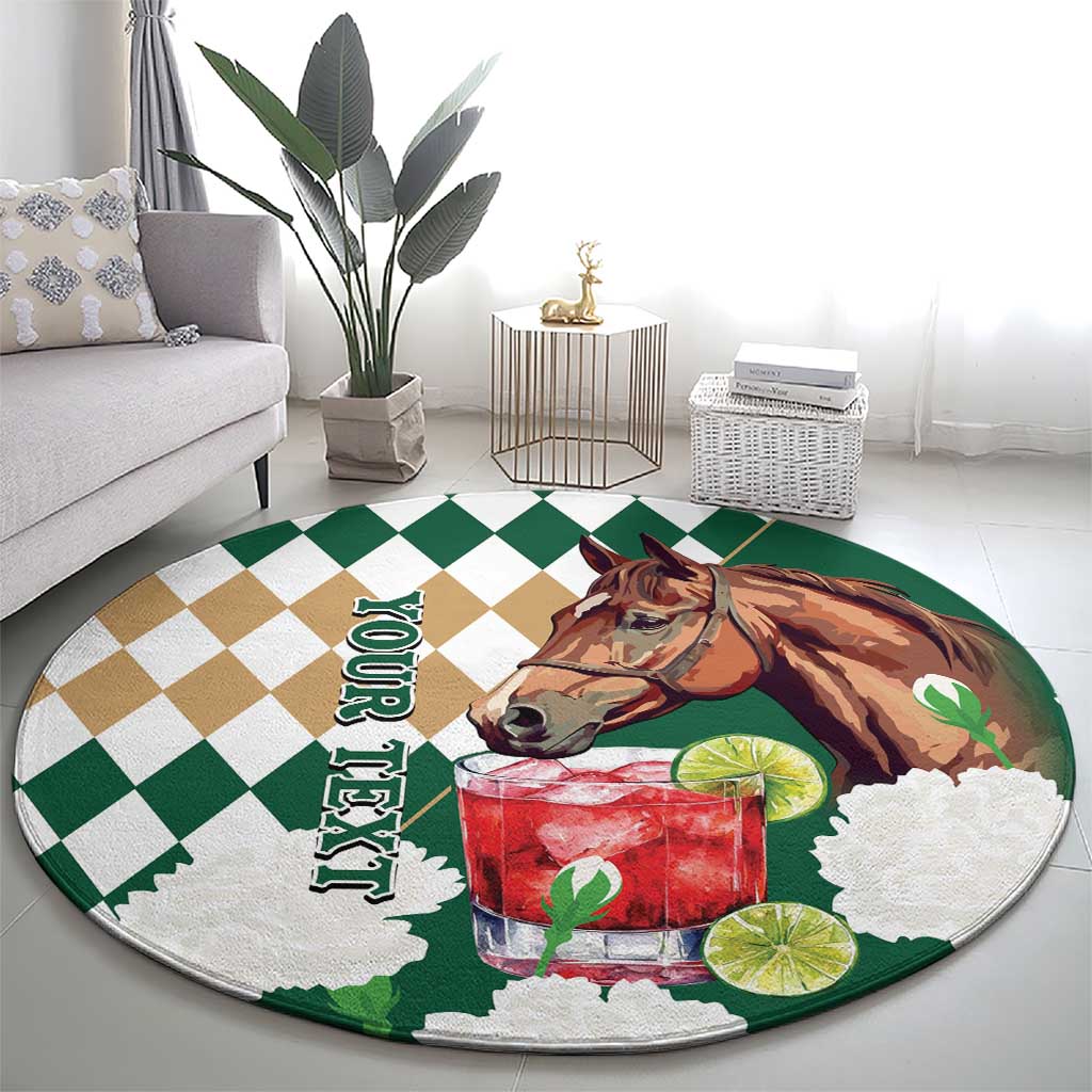 Personalized Belmont Horse Racing Round Carpet Jewel Cocktail With White Carnations